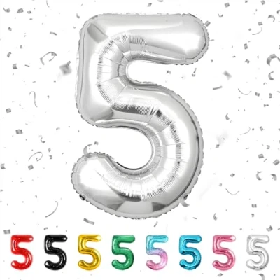 Image of Number 5 Balloons 5,Sliver Balloon 40 Inch Giant Helium Foil for Boys Girls Party Decor Birthday Anniversary Graduation Decorations Supplies
