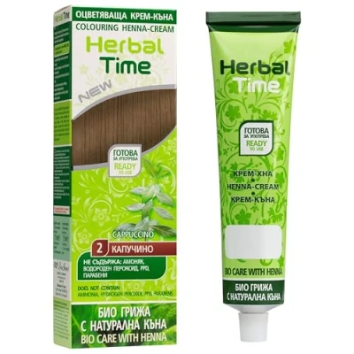 Image of Herbal Time Henna Natural Cream Color Cappuccino Nº 2 Coloring with Nettle Extract Gray Hair Cover Temporary Dye Ammonia Free, Sulfates Parabens Free 75 ml
