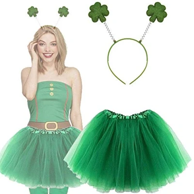 Image of Lizzy® Women&#039;s St Patrick&#039;s Day Tutu Costume with Glitter Clover Leaf Headbopper Ladies Irish Fancy Dress
