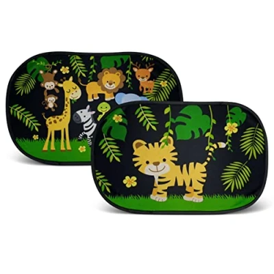 Image of HECKBO 2x car sun visor with 8 suction cups Jungle animals 48x31cm window side sunshade for baby kids girls boys incl. Bag
