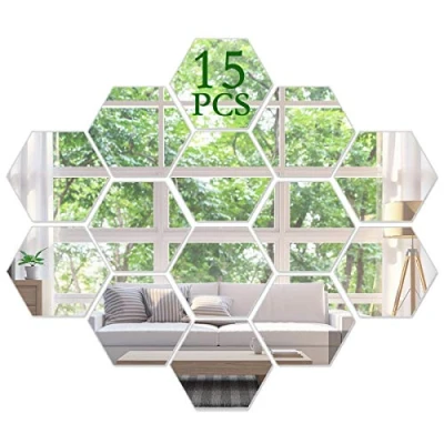 Image of KimDaro Mirror Wall Stickers Non Glass Plastic 3D Hexagon Acrylic Decor Self Adhesive Tiles (15 PCS)