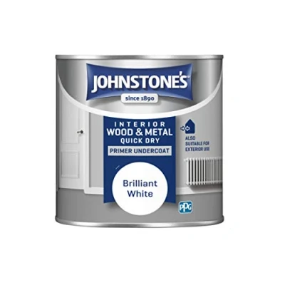 Image of Johnstone&#039;s Quick Dry Gloss Primer Undercoat Brilliant White Water Based Interior Wood &amp; Metal Fast Drying Low Odour in 1 2 Hours 13m2 Coverage per Litre 0.25 L
