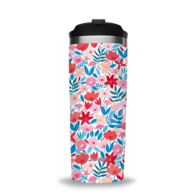Image of QWETCH Insulated Travel Mug Flora Red 470ml Stainless Steel Coffee &amp; Tea 6h Hot 12h Cold BPA Free, Waterproof