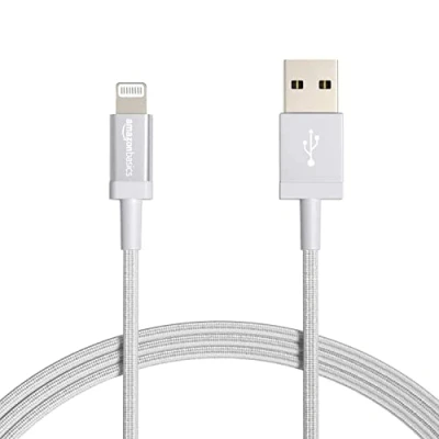 Image of Amazon Basics USB A to Lightning Charger Cable, Nylon Braided Cord, MFi Certified for Apple iPhone 14 13 12 11 X Xs Pro, Pro Max, Plus, iPad, 1.8 m, Silver
