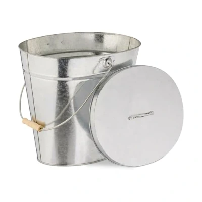 Image of Relaxdays Bucket, with Lid, 12 L, Bin, Wooden Handle, for Coal &amp; Ash, Fireplace, Stove, Galvanised Steel, Silver, 34 x 35 28 cm