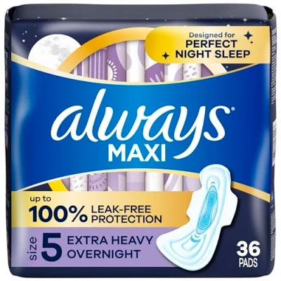 Image of Always Maxi Overnight Pads with Wings, Size 5, Extra Heavy Overnight, Unscented, 36 Count