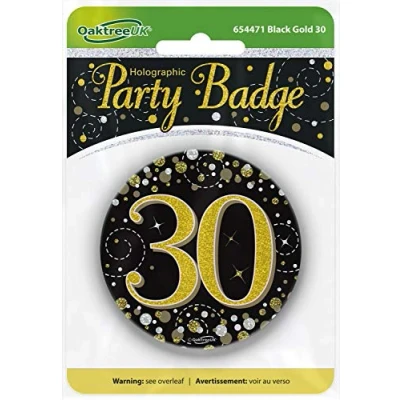Image of OakTree 3&quot; Badge 30th Birthday Sparkling Fizz Black Gold Holographic