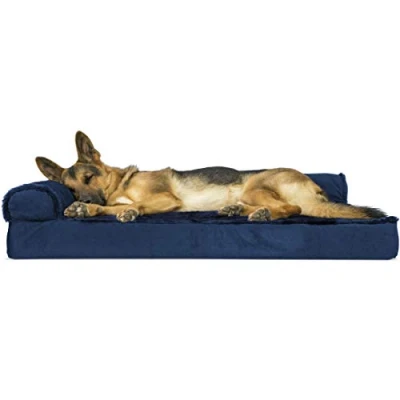 Image of Furhaven XL Orthopedic Dog Bed Plush &amp; Velvet L Shaped Chaise w/Removable Washable Cover Deep Sapphire, Jumbo (X Large)