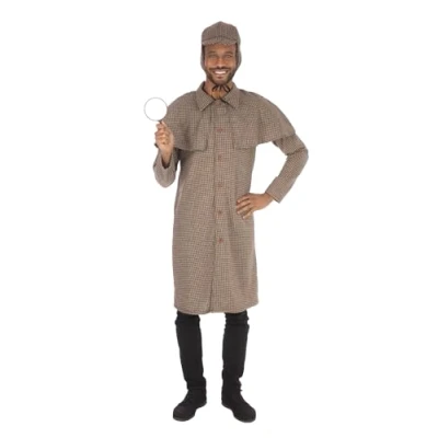 Image of Adult Long Brown Plaid Detective Man Costume, Standard (1 Set) Sophisticated Design, Perfect for Themed Parties, Cosplay, &amp; Mystery Solving Adventures