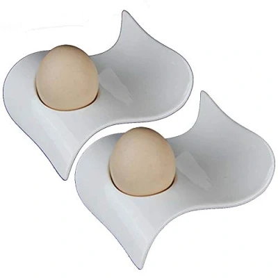 Image of TAMUME Wave Style White Porcelain Egg Cup Set of 2 Holders, Ceramic Stand Breakfast (Wave 2)