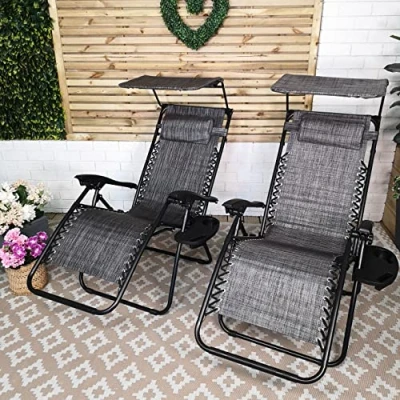 Image of Samuel ALEXANDER Pack of Two Multi Position Garden Gravity Relaxer Chair Sun Loungers with Canopy in Grey