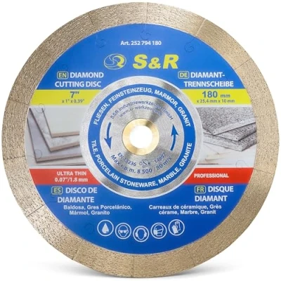 Image of S&amp;R Diamond Cutting Disc 180 x 25.4 7 mm (1.6 mm), Saw Blade for Porcelain, Stoneware, Hard Tiles, Granite