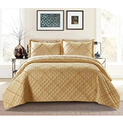 Image of Householdfurnishing 3 Piece Quilted Bedspread Bed Embossed Bedding Set Throw Comforter with Pillow Shams (Ruffle Mustard, Double)
