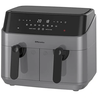 Image of EMtronics EMAFDD9LGR Dual Air Fryer Extra Large Family Size Double XL 9 Litre with 8 Adjustable Pre Set Menus for Oil Free &amp; Low Fat Healthy Cooking, Easy Clean Metal Interior, 99 Minute Timer Grey