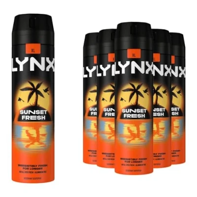 Image of Lynx XL Sunset Fresh Deodorant for Men Multipack with Mango and Mandarin Scent Long Lasting Fragrance 48 Hours All over Freshness Aluminium Free Body Spray 200 ml, 6 Pack