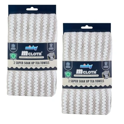 Image of Minky Super Soak Up Tea Towels Grey Pack of 4, Ultra Absorbent, Powerful High Density Microfibre, Anti Bacterial Formulation, Hanging Tag For Easy Storage, Machine Washable