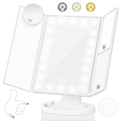 Image of HIYAA Lighted Makeup Mirror with 22 LED Lights, Dual Power Supply 1x/2x/3x/10x Magnifying Touch Screen Dimmable Mirror, 180 Degree Adjustable Angle, Travel Cosmetic White
