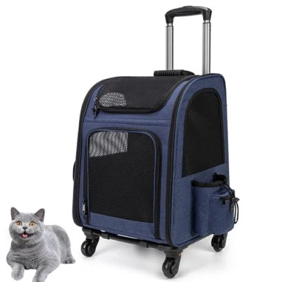 Image of Pet Trolley Backpack, Dog Rucksack Bag on Wheels, 2 in 1 Dog/Cat Transport Backpack with Multi Pockets Breathable Travel Carrier,Blue