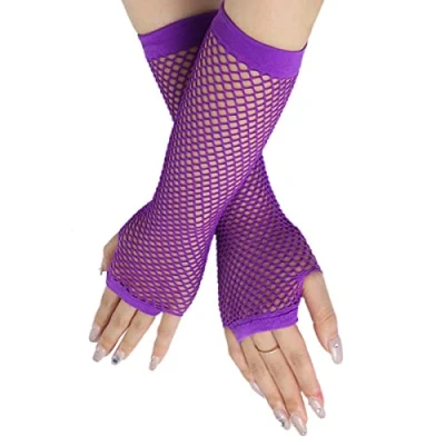 Image of Long Fishnet Gloves, Purple Fingerless Arm Warmers Mesh Fancy Dress Punk Accessory for Women Girls Kids 80s Costume Evening Party Supplies Tutu Rave Hen Night