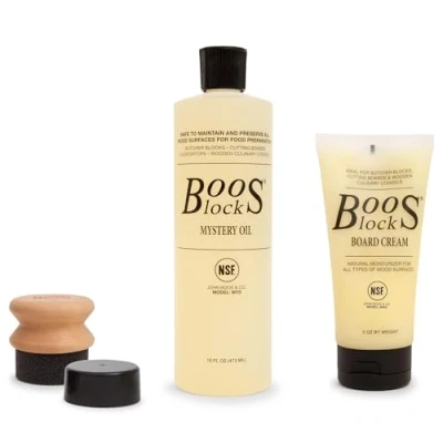 Image of Boos Block Chopping Board Oil and Wax Set Mystery (16 oz) + Cream (5 Applicator Cutting Butchers Beeswax Food Grade Mineral