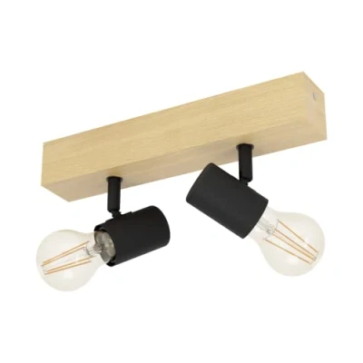 Image of Eglo Townshend 3 Ceiling Light, 2 Flame Vintage Wall Spotlight with an Industrial/Retro Design Made of Steel and Wood, Black Brown Colours, E27 Socket