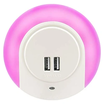 Image of Plug in LED Night Light with 2 USB Port Charger 1w Pink Automatic Sensor Dusk to Dawn for Bedroom Childrens Room Hallways Living Rooms Baby Girls A78B