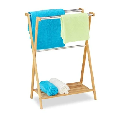 Image of Relaxdays Free Standing Bamboo Towel Holder, HxWxD: 87 x 58.5 36 cm, 5 Rails and 1 Shelf, Clothes Stand, Natural