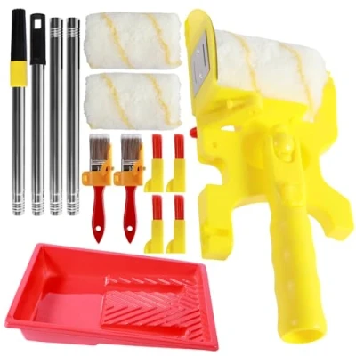 Image of 15PCS Paint Edger Roller Brush Kit with Extension Pole/Tray/Edger Brush/Roller, DIY Multifunctional Hand held Clean Cut Combo Set for Door Window Walls High Ceilings (15pcs)