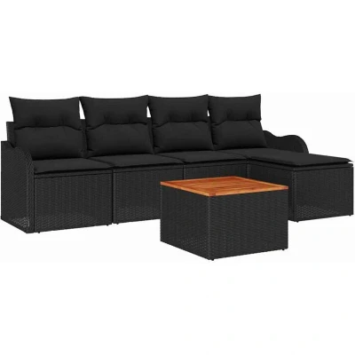 Image of vidaXL 6 Piece Garden Sofa Set with Cushions Black Poly Rattan Acacia