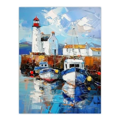 Image of Artery8 Scottish Harbour Oil Painting Lighthouse Rustic Living Room Extra Large XL Wall Art Poster Print