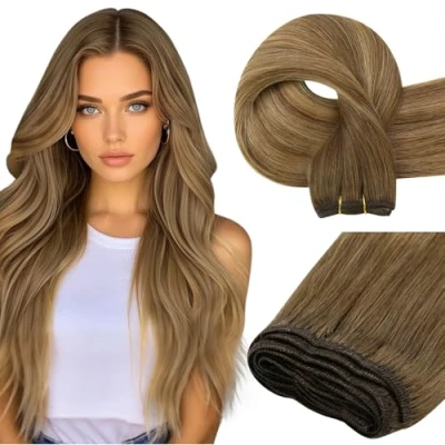Image of Easyouth Balayage Human Hair Extensions Weft 14 Inch Brown Ombre Sew in Real Medium to Honey Blonde Double 70g