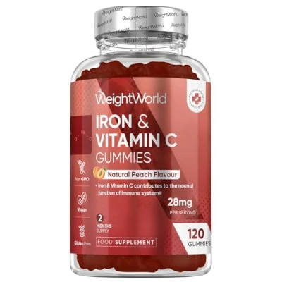 Image of Iron Gummies with Vitamin C 28mg 120 Ferrous Fumarate (2 Months Supply) Tasty Alternative to Tablets Immunity &amp; Energy Supplements Vegan for Women Men