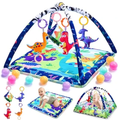 Image of JoltJive Dinosaur Baby Play Mat, Activity Playmat Toys 0 6 12 Months, Gym Mat Infant Sensory Balls teether for Tummy Time, Newborn Toddlers Gift