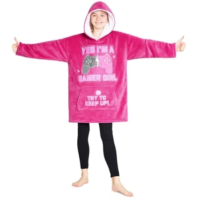 Image of CityComfort Fleece Hoodie Blanket for Kids and Teenagers Football One Size Oversized with Sherpa Lined Hood Gaming Gifts (Pink Gaming)