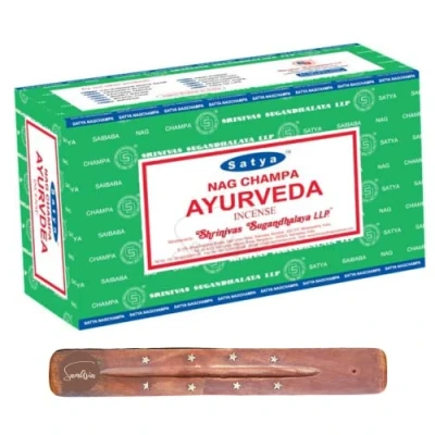 Image of Satya Nag Champa Ayurveda incense sticks x12 pack with SAMASIA holder Used for Ayomatherapy, Spa, Yoga, Weddings, Meditation, Healing, Positivity and Relaxation