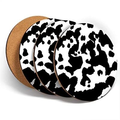 Image of Destination Vinyl ltd Great Coasters (Set of 4) Round BW Cow Pattern Animal Print Drink Glossy Coasters/Tabletop Protection for Any Table Type #37403
