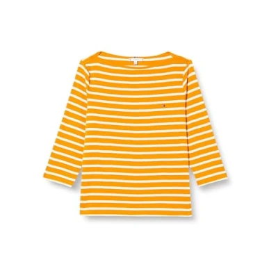 Image of Tommy Hilfiger Women&#039;s CRV New Cody Slim Boat nk 3/4slv Ww0ww41725 L/S Knit Tops, Khaki (Breton STP/Rich Ochre/Ecru), 46