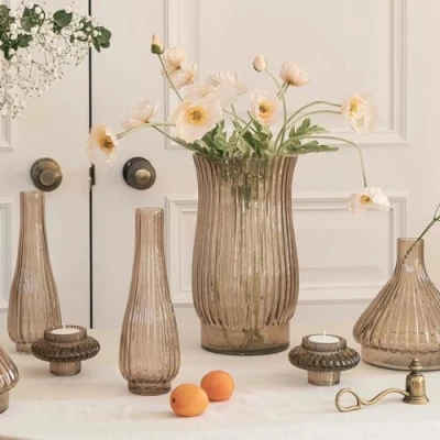 Image of Ivyline Airlie Ribbed Vase in Apricot Sustainable and Premium Quality Waterproof Trendy Indoor Glass H27 x D14.5cm