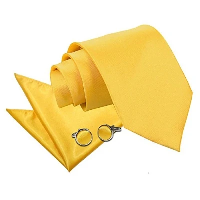 Image of DQT Men Plain Satin 9cm Wide Tie + Pocket Square &amp; Cufflinks Set Marigold