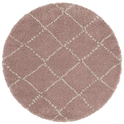 Image of Hash Rug Round High Pile Living Room Soft Fluffy Long Shaggy Flokati Diamond Pattern for Kitchen Hallway or Bedroom Pink Cream Diameter 120 cm