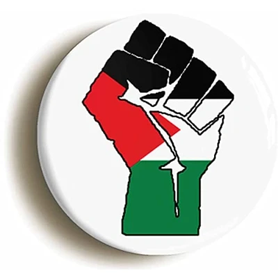 Image of PALESTINE SOLIDARITY FIST BADGE BUTTON (Size is 1inch/25mm diameter) PALESTINIAN FLAG