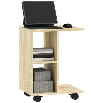 Image of HOMCOM C Shape End Table Unique Storage Unit w/ 2 Shelves 4 Wheels Freestanding Home Office Furniture Cabinet Square Studio Natural