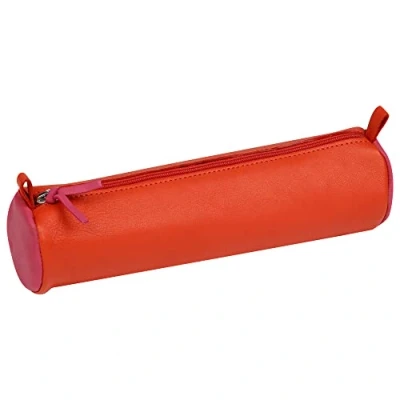 Image of Clairefontaine Ref 8392C Leather Two Colour Round Pencil Case 22cm x 5.5cm, Made From Genuine Lambskin Leather, Metal Zip With Puller Fuchsia