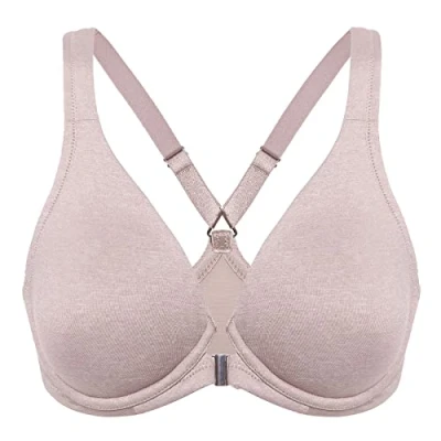 Image of Delimira Women&#039;s Front Fastening Bras Seamless Unlined Racer Back Plus Size Underwired Plunge Bra Cameo Heather 38D