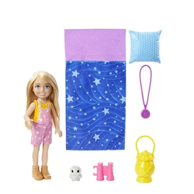 Image of Barbie It Takes Two Camping Playset with Chelsea Doll (6 in, Blonde), Pet Owl, Sleeping Bag, Binoculars &amp; Accessories, Gift for 3 to 7 Year Olds, HDF77