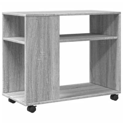 Image of vidaXL Grey Sonoma Side Table with Wheels Engineered Wood 2 Shelves, Lockable Swivel Wheels, for Living Room/Kitchen/Bedroom, 70x35x60 cm