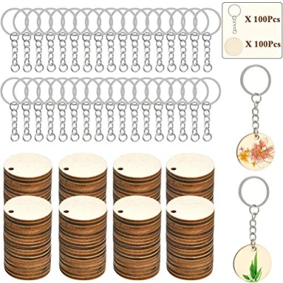 Image of 100Pcs of Natural Wood Slices, Unfinished Predrilled Log Discs Wooden Circles with Key Rings Combination Set, Ideal for DIY Christmas Decorations Ornaments