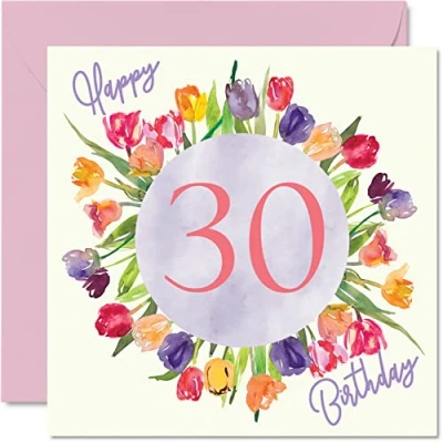 Image of Beautiful 30th Birthday Cards for Women Watercolour Tulips Flowers Bouquet Happy Card Her Daughter Auntie Sister Friend Gifts, 145mm x Lovely Floral Greeting Gift