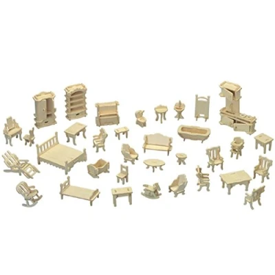 Image of Dollhouse Furniture Laser Cut Wooden 3D Puzzle Miniature Doll House Kit Set 34 Pieces