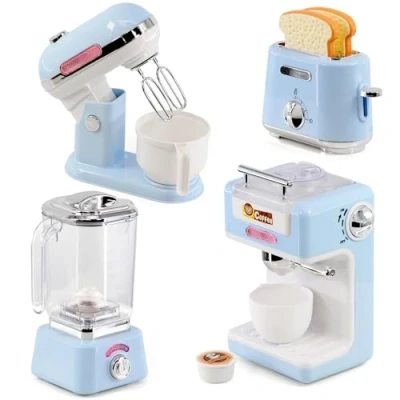 Image of The Magic Toy Shop Kitchen Accessories and Appliances For Children Breakfast Set Blender, Mixer, Toaster, Coffee Machine Lights, Sounds Kids Play